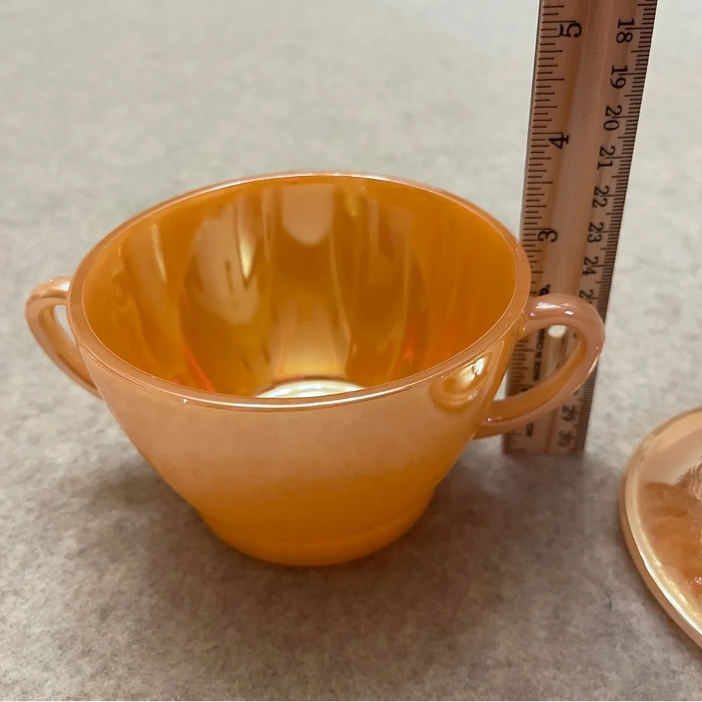 Vintage Termocrisa Peach Luster Iridescent Carnival Glass Sugar Bowl with Lid